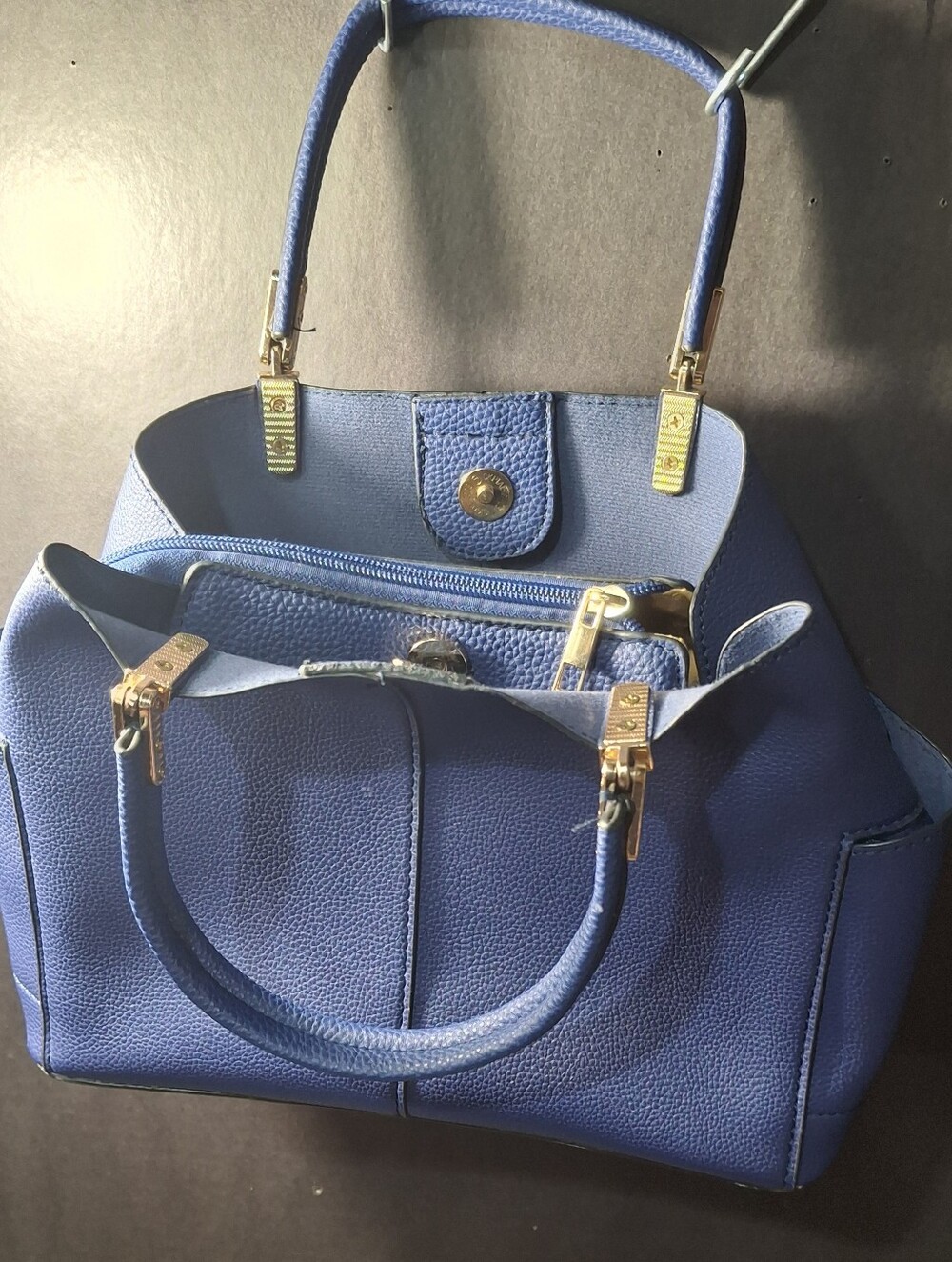 Blue Structured Tote Handbag with Gold Hardware OKPTA 519426